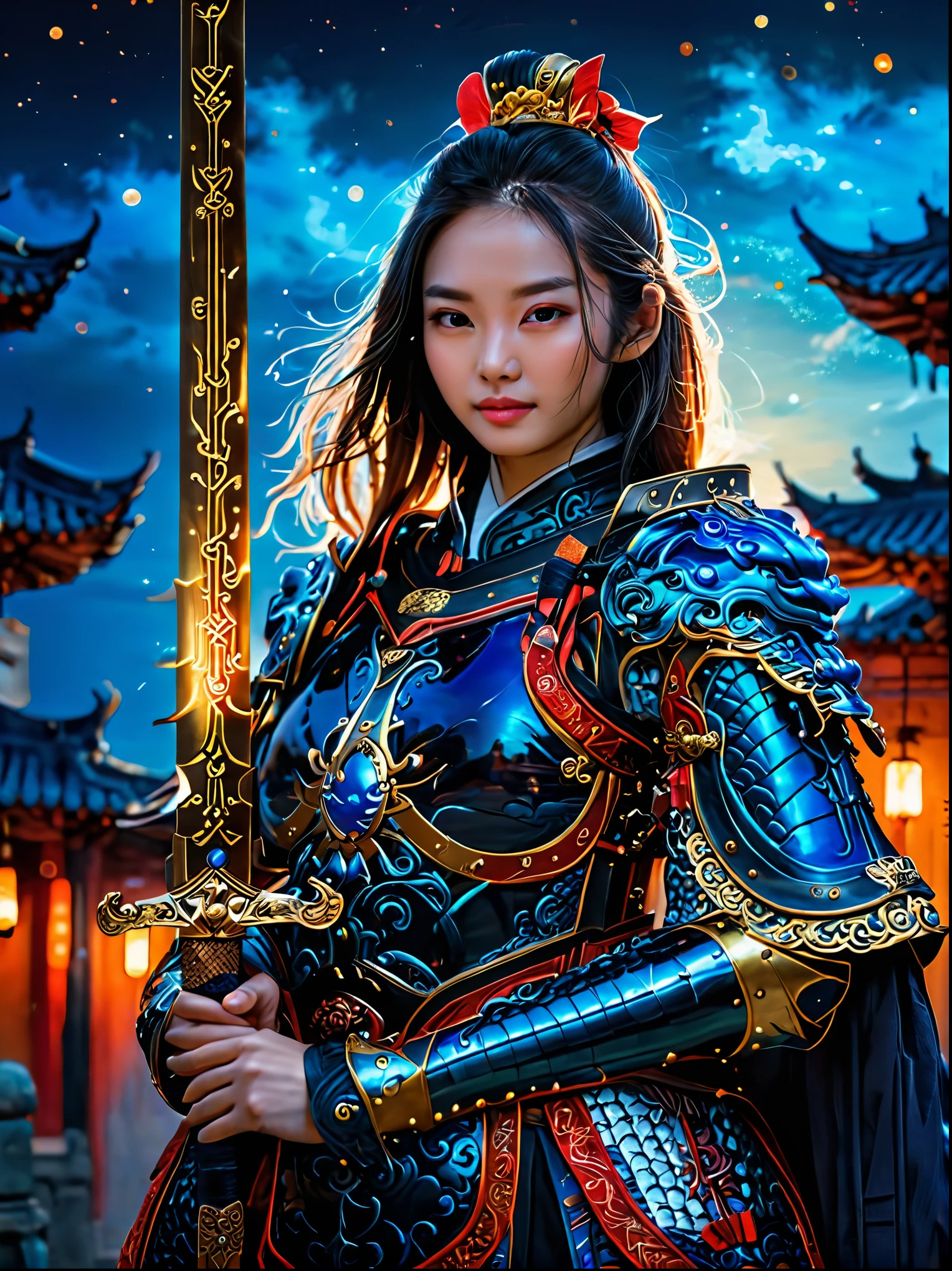 masterpiece,Realistic,Deep color,blue tint,Surrealism, Star光环, In the bright embrace of the moonlight serenade,(Black Chinese armor),gentle beautiful girl,(The girl holds a sword in her hand),Women's Armor,solo,pauldron,helmet,Chinese city background,blue sky,detailed眼睛,looking at the audience,Smile,Upper body,masterpiece,best quality,perfect eyes,perfect face,perfect lighting, 8K,Compared,Tone,texture, detailed, Star, Colorful halo, Vibrant energy, expressive, dramatic, organic lines and forms, dreamy and mysterious, Surrealism,portrait shooting,complex,meticulous,sharp,clear,Better image quality,Rough brushstrokes,high dynamic range,vivid,Rich in details,阴影和高光clear,reality,vehement,Compared度增强,Rich in details,Chinese_armor,anatomically correct, textured skin