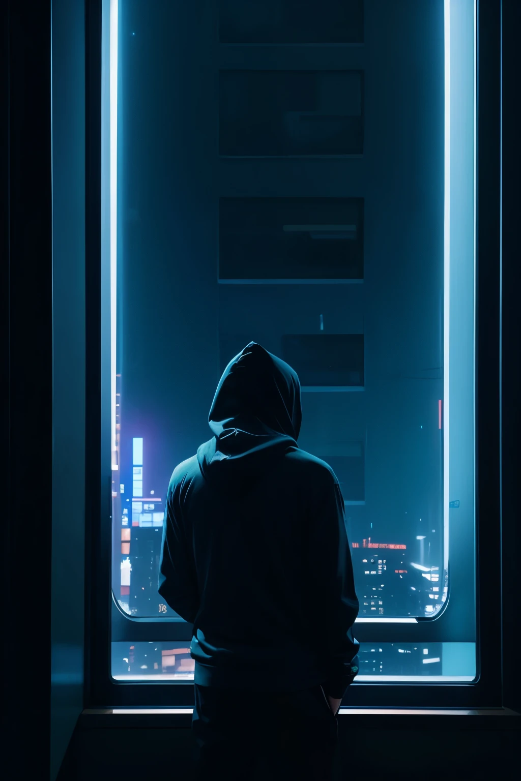 Man in hoodie facing away looking out window of a sad dingy apartment at a futuristic city with bright neon lights 