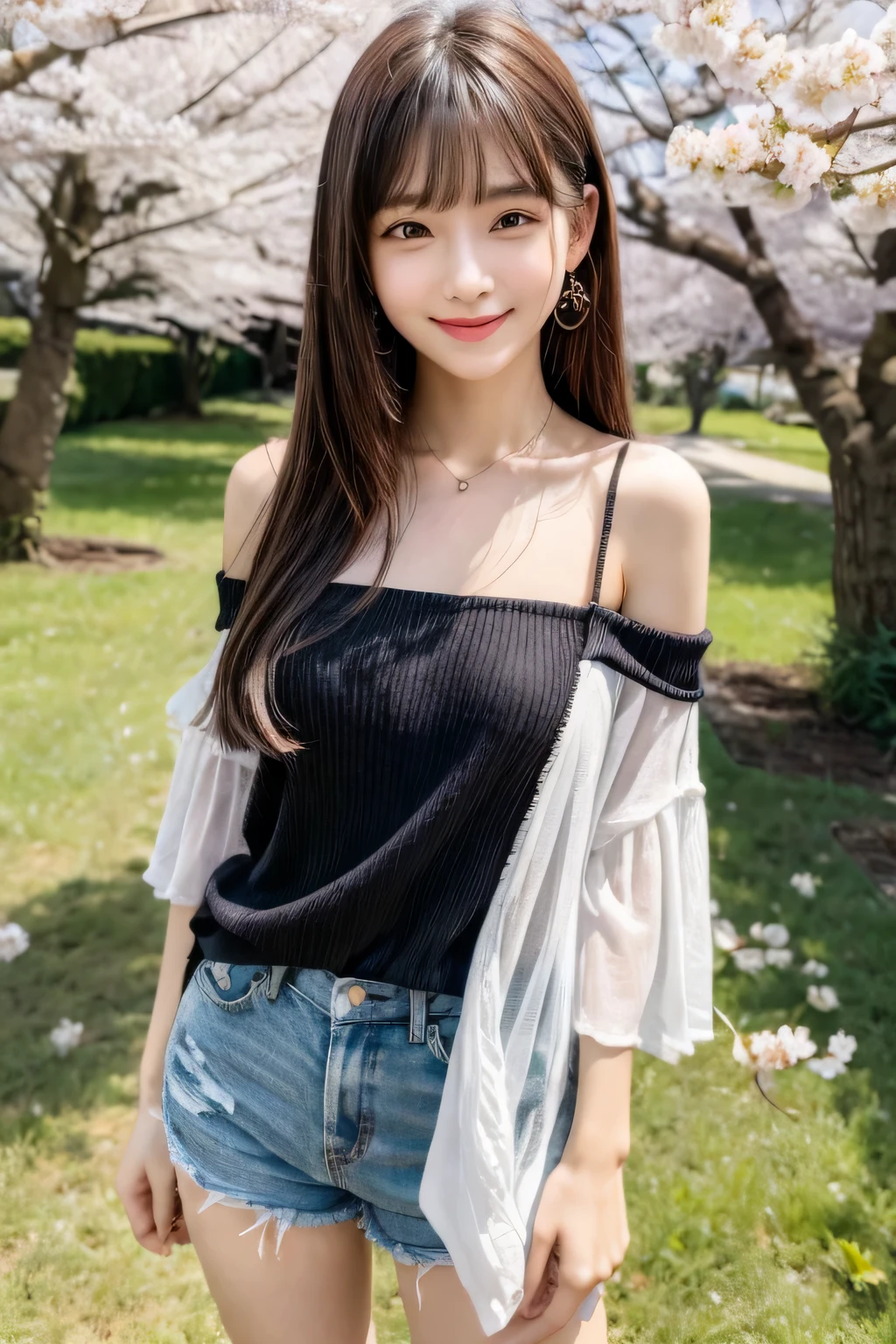 (masterpiece:1.4), (best quality:1.4) ,8K,cinematic lighting,((best quality)), (masterpiece) , (realistic shadow) , (depth of field),(intricate details:1.4), (Solo Beauty Idol Girl,),(Black semi-long drill hair with asymmetrical bangs:1.3),Happy smiling face、Girl enjoying barbecue on beautiful riverbed, (wearing off-shoulder top, cargo shorts:1.3),Necklace,Piercing,Beautiful hands,Beautiful fingers,⠀
(Looking at Viewer),day, Backlighting),(Full body shot,),Glasses, one_breast_out,nipples,(cherry blossom:1.3), clothes_pull,breast_slip,