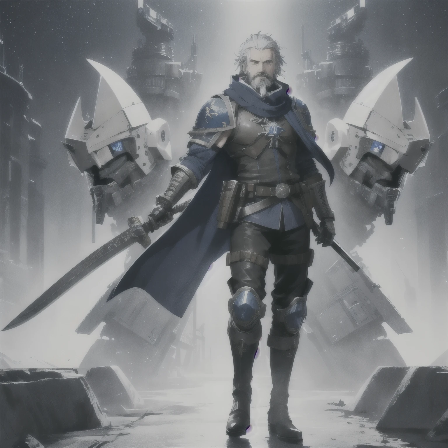 Masterpiece, best quality, 8k, wallpaper, standing on the bridge of a spaceship, 1_man, handsome, full body, looking away from camera, intrigued expression, (smirk on face), White hair, medium hair length, blue eyes, scruffy beard, wearing leather body armor, officers coat, black gloves, one robotic arm, holding sword, blue bandit scarf around neck, knee pads, tall leather boots, gears, belts, sword blade, sword, long blade, long sword blade, Warhammer 40k, Space, Stars, Detailed Face, Detailed, Intricate Details, Detailed Eyes, White Beard,