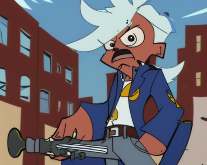 Scruffy the Janitor playing Electric Guitar riding Skateboard on Jacksonville Florida, Maroon Cotton Cap, Gray Mustache, Navy Jacket and white shirt, navy jeans, Style of Panty and Stocking with Garterbelt