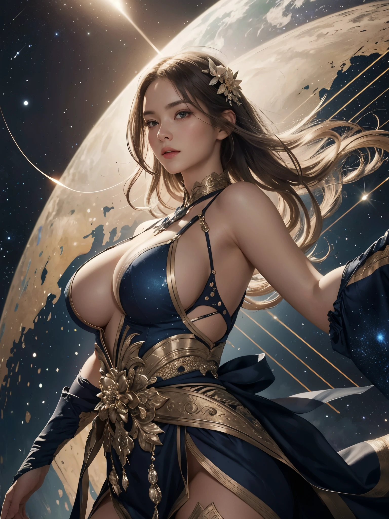 girl surrounded by expanding celestial constellations map, BREAK, 1girl, etheral, cosmic flower, divine lighting, backlight, (elegant Pose:1.2), (Highest image quality, (8k), ultra-realistic, best quality, high quality, high definition, high quality texture, high detail, beautiful detailed, fine detailed, extremely detailed cg, detailed texture, realistic representation of the face, masterpiece, Sense of presence, huge breasts, delicate body, 