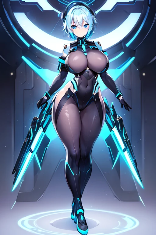 1girl, white skin, light skin, smile, light smile, blue hair, short hair, blue eyes, large breasts, breasts, wide hips, black bodysuit, bodysuit, sleeves, short sleeves, pantyhose, futuristic, science-fiction, neon trim, neon, full_body, ((full body)), standing