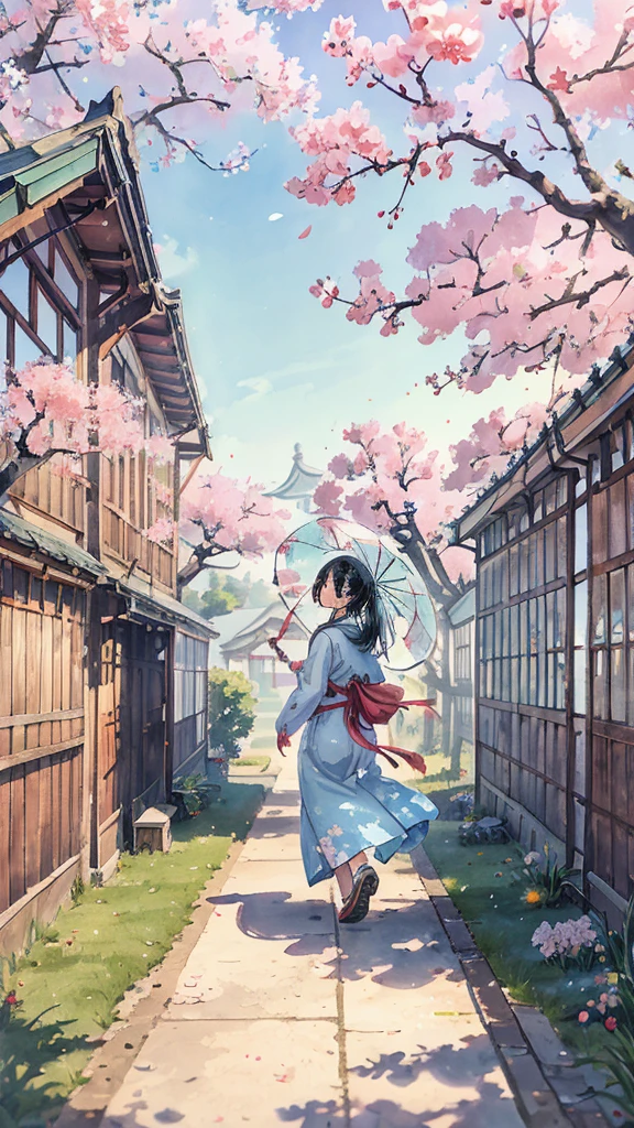highest quality, masterpiece, very detailed, detailed background, anime, girl1名, 若いgirl, girl, SF, cherry blossoms, outdoor, morning, greenhouse, giant structure, Wind景, scenery, horizon, Walking down the street, Wind, avert your eyes, atmosphere lighting, focus only, close, From the side, written boundary depth,black hair,detailed face,tied hair