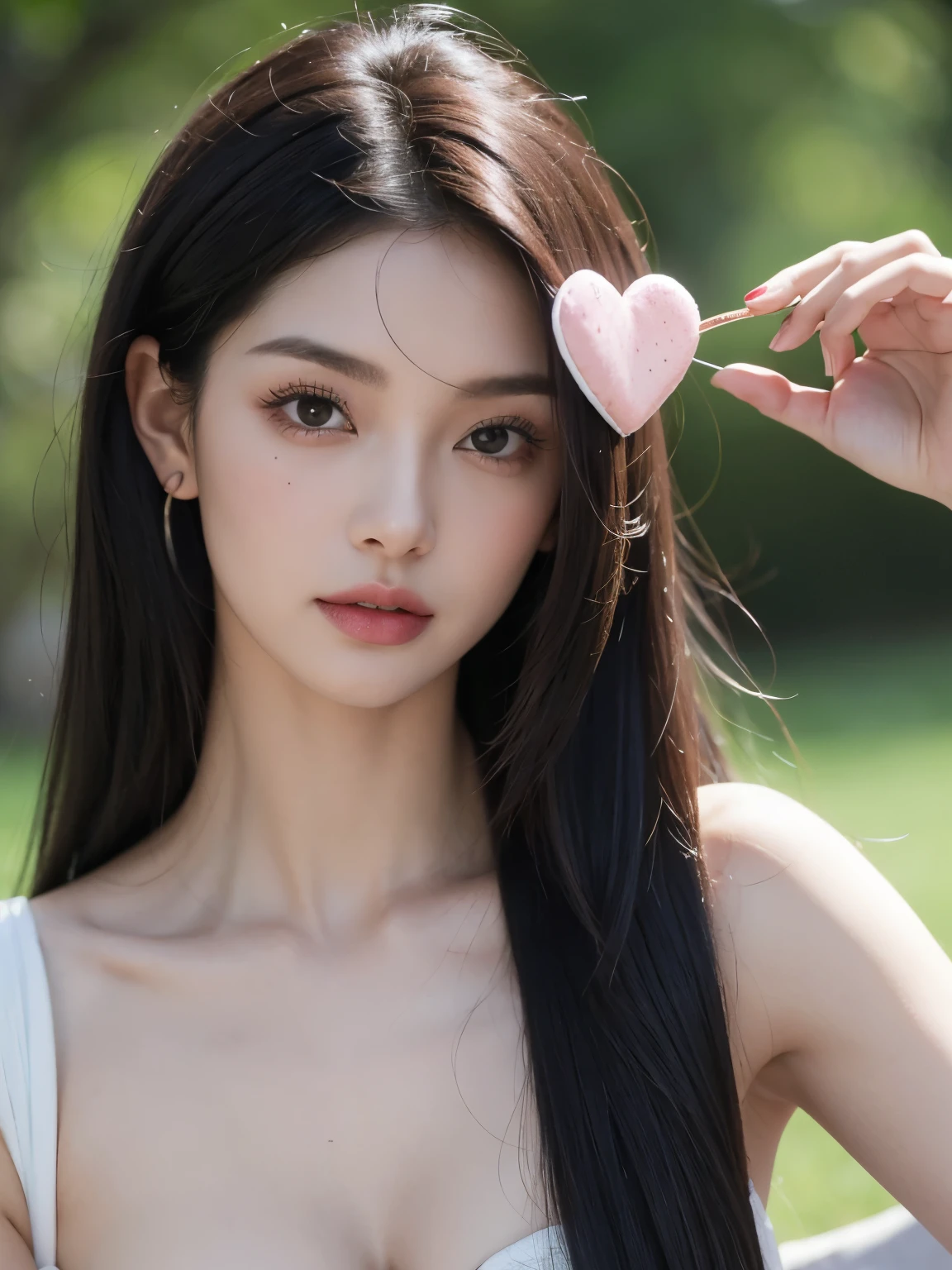 Kim jennie con el cabello negro oscuro, con rulos en las puntas del cabello negro oscuro, con un ganchito de estrella en el cabello negro oscuro, ojos de color claro, ojos bonitos, ojos llorosos, nariz bonita y respingada, labios bonitos, labios rosas, heart and cupid shaped lip, piel bonita, pale, piel blanca, con lunares y pecas en todo el rostro, rubor rosa suave en las mejilla, rubor rosa natural, maquillaje suave y rosa, jennie, cuellos bonito, cuello marcado, frown, mirada enojada, con un collar de beso, un collar bonito de beso, mientras muestra sus pechos con un brasier de conchas del mar, mientras un brasier en forma de conchas de mar, con una falda roja, mientras tiene una falda suelta de color rojo, mientras tiene el abdomen desnudo, delgado, marcado y bonito, (pechos grandes, pechos suaves, pechos bonitos, pechos naturales), mirando a la camara, autofoto 