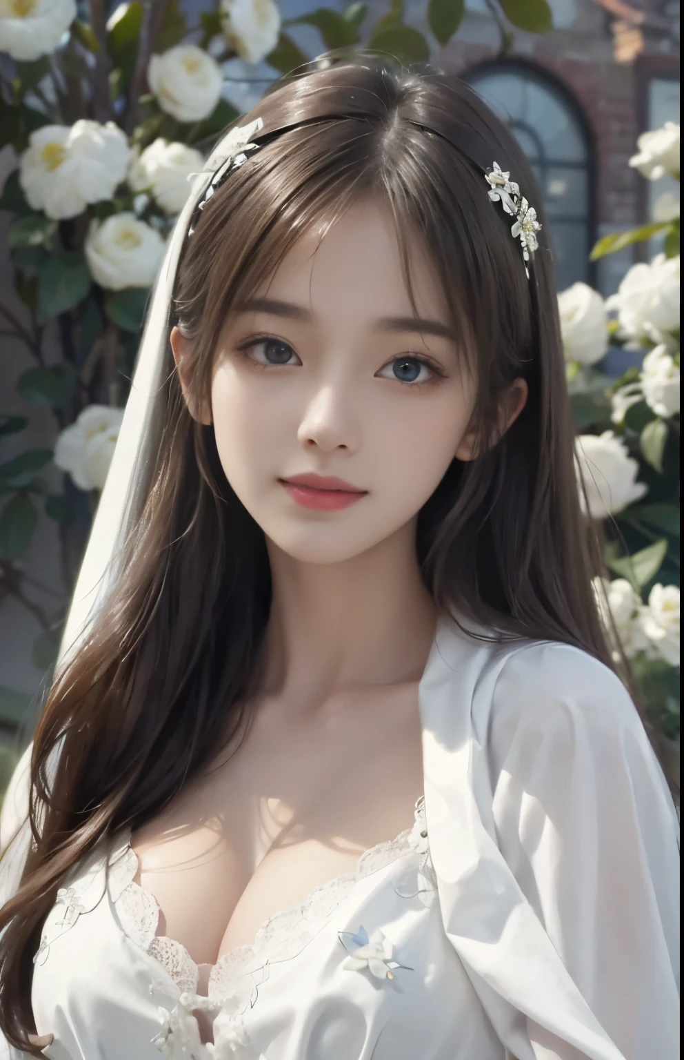 (Surreal), (illustration), (Increase resolution), (8K), (Very detailed), (Best illustration), (Beautiful and delicate eyes), (best quality), (Super detailed), (masterpiece ), ( wallpaper), (Detailed face), alone, 1 girl, looking at the audience, fine details, Detailed face, in the darkness, Deep shadows, low profile, purebred face_v1, Smile, long, straight hair, white shawl, 46 points oblique bangs,There are many flowers in the background,plump breasts