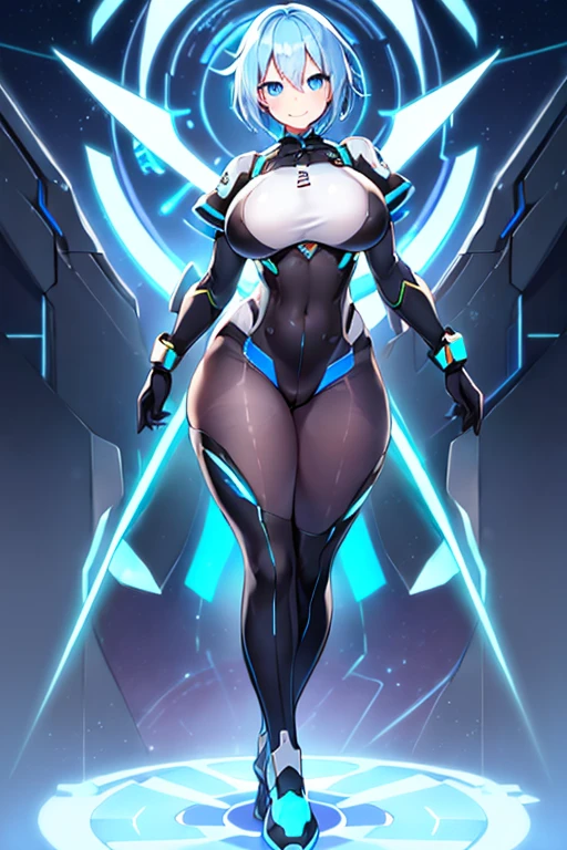 1girl, white skin, light skin, smile, light smile, blue hair, short hair, blue eyes, large breasts, breasts, wide hips, black bodysuit, bodysuit, sleeves, short sleeves, pantyhose, futuristic, science-fiction, neon trim, neon, full_body, ((full body)), standing