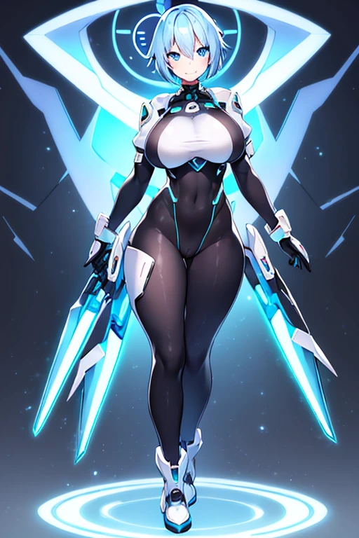 1girl, white skin, light skin, smile, light smile, blue hair, short hair, blue eyes, large breasts, breasts, wide hips, black bodysuit, bodysuit, sleeves, short sleeves, pantyhose, futuristic, science-fiction, neon trim, neon, full_body, ((full body)), standing