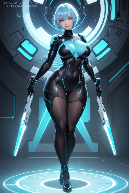 1girl, white skin, light skin, smile, light smile, blue hair, short hair, blue eyes, large breasts, breasts, wide hips, black bodysuit, bodysuit, sleeves, short sleeves, pantyhose, futuristic, science-fiction, neon trim, neon, full_body, ((full body)), standing