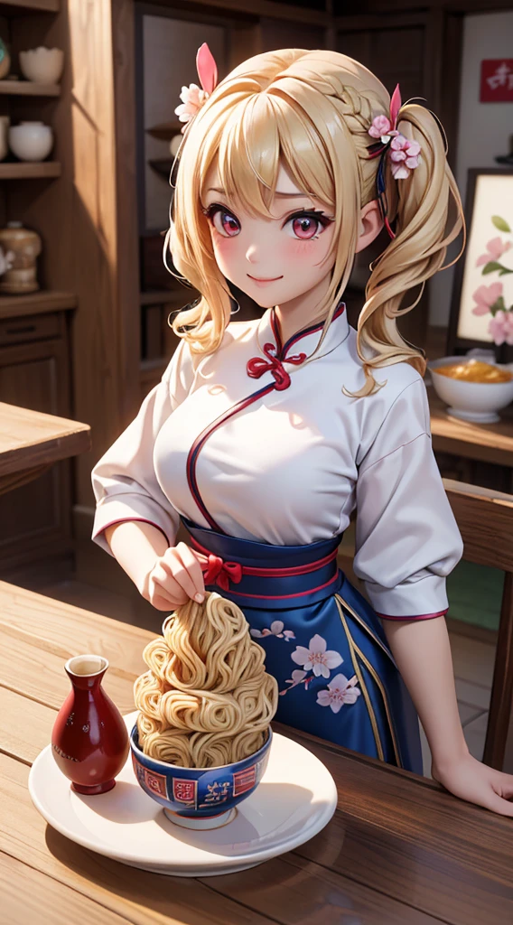 top quality、Top image quality、Masterpiece、girl with((18 years old、blue cheongsam、best bust、Bust 90、Blonde twintails、Red eyes、open your mind、valley、happiness、A slender one、Smile,fighting stance、Cherry Blossom Hair Accessories))high quality、beautiful art、background with((Beautiful ramen shop))、on the table、Well-designed、Visual arts、
