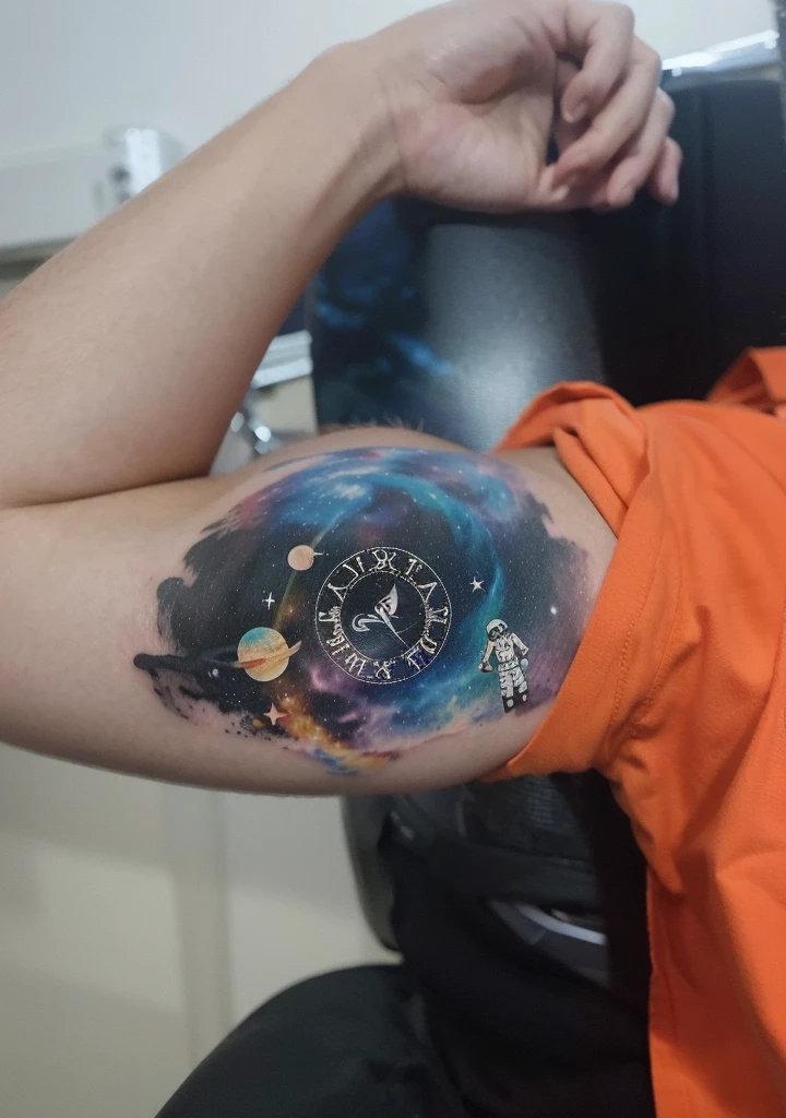 Tattoo galaxy bicep astronaut stars planets