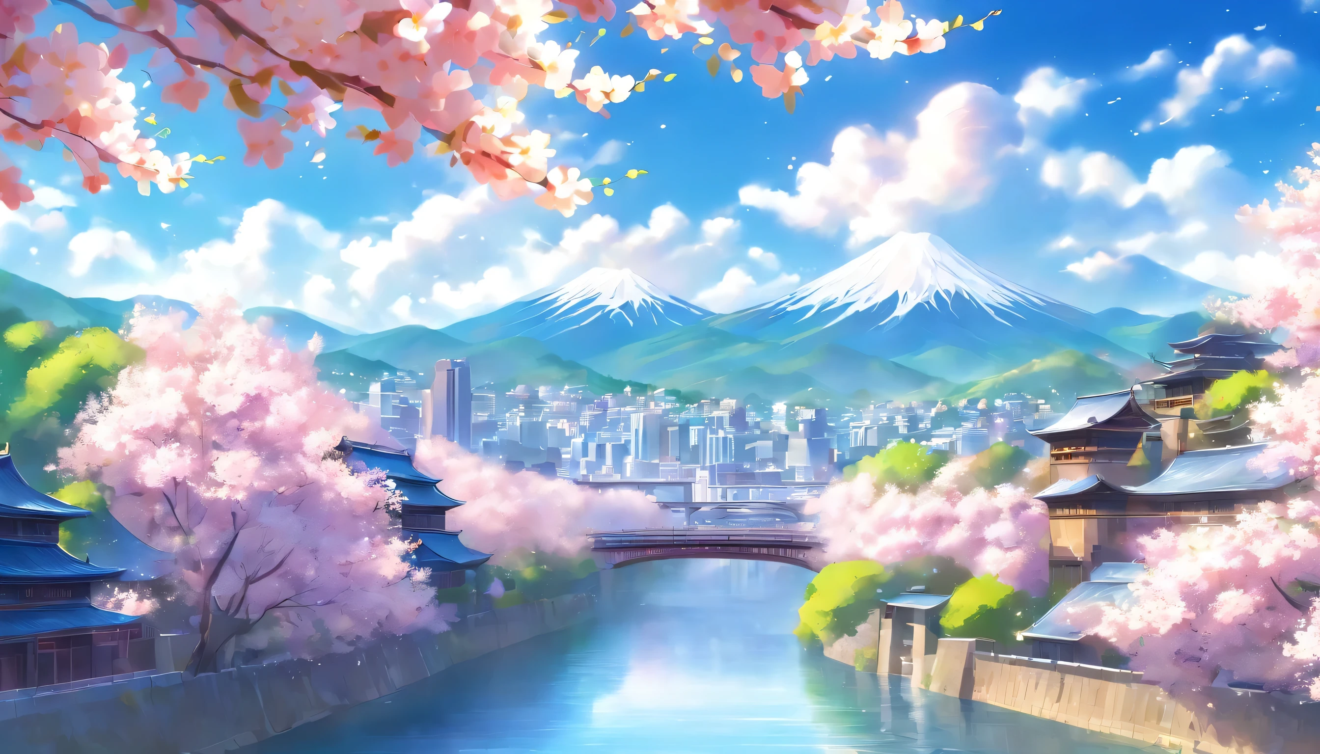 A city where cherry blossoms bloom，beautiful blue sky，River side，landscape，no one，masterpiece