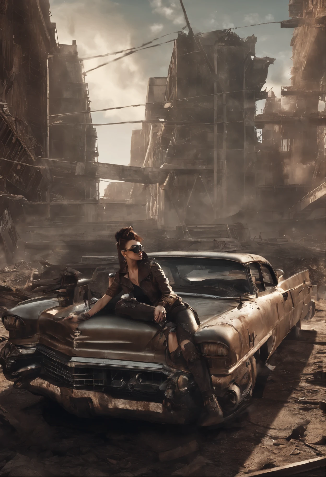 faithful image of an old rusty 1955 cadilac eldorado with spikes and spikes on the hood, military style with modifications, the car is racing on a street suspended over a destroyed white concrete overpass in the center of a post-apocalyptic city with many buildings around, carro steampunk, dramatic art, estilo de arte dieselpunk, apocalyptic road warrior vibe, a girl with sunglasses is inside the car, arte digital surreal, Mad Max inspirado, heavy metal artwork, simetria da face cromada, arte steampunk digital, It's not the Mad Max style, metal art, It's not Filip Hodas' art style, arte digital steampunk, dieselpunk, em um mundo hightech, foto na diagonal