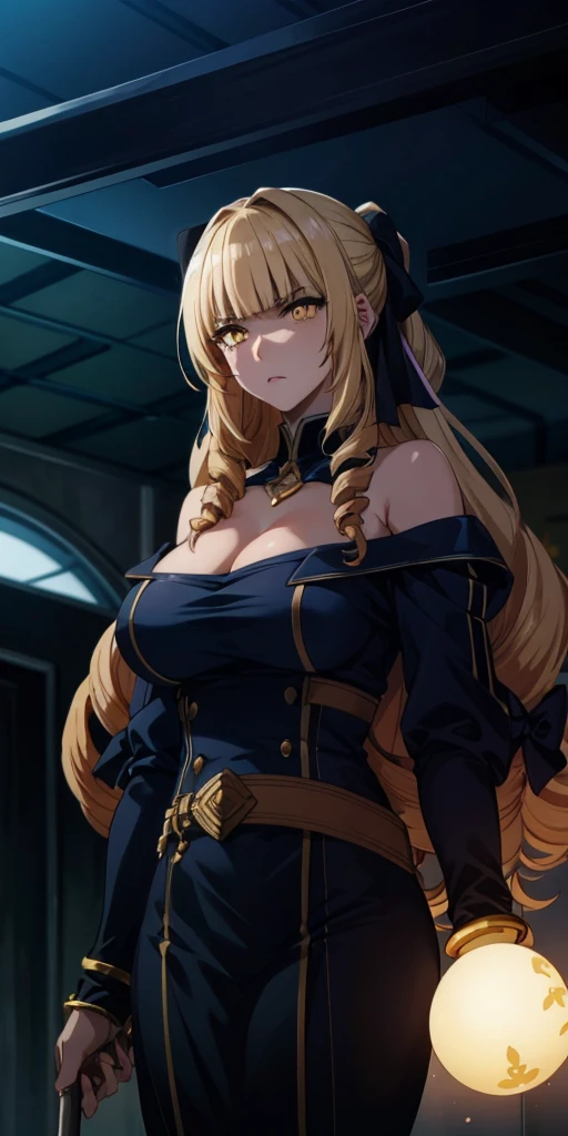 blonde hair, long hair, bow, drill hair, yellow eyes, anatomically correct, best quality, masterpiece, high quality, high details, highres, HD, (shaded face:1.2), huge breasts, sagging breasts, staff, lips, bracelet, jewelry,  breasts, looking_at_viewer, standing, nose, black_dress, hair_over_shoulder, golden eyes, hollow eyes, lips, sad expression, gloomy expression,