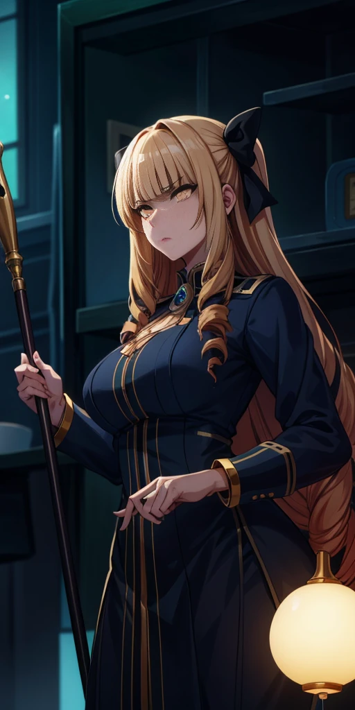 blonde hair, long hair, bow, drill hair, yellow eyes, anatomically correct, best quality, masterpiece, high quality, high details, highres, HD, (shaded face:1.2), huge breasts, sagging breasts, staff, lips, bracelet, jewelry,  breasts, looking_at_viewer, standing, nose, black_dress, hair_over_shoulder, golden eyes, hollow eyes, lips, sad expression, gloomy expression,