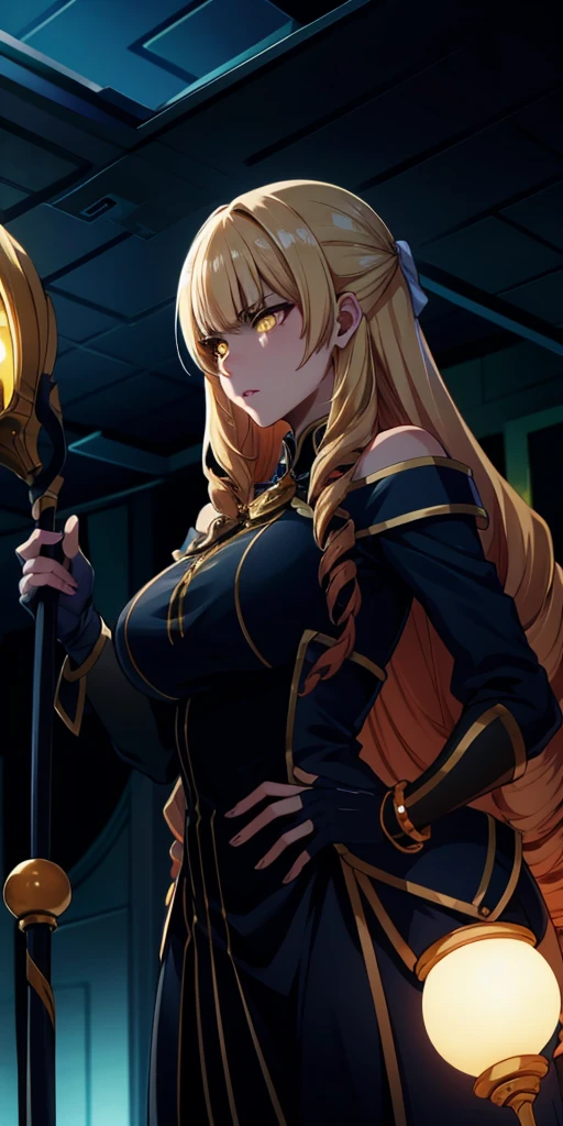 blonde hair, long hair, bow, drill hair, yellow eyes, anatomically correct, best quality, masterpiece, high quality, high details, highres, HD, (shaded face:1.2), huge breasts, sagging breasts, staff, lips, bracelet, jewelry,  breasts, looking_at_viewer, standing, nose, black_dress, hair_over_shoulder, golden eyes, hollow eyes, lips, sad expression, gloomy expression,