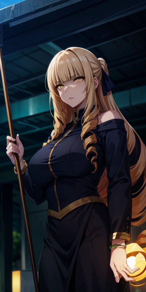 blonde hair, long hair, bow, drill hair, yellow eyes, anatomically correct, best quality, masterpiece, high quality, high details, highres, HD, (shaded face:1.2), huge breasts, sagging breasts, staff, lips, bracelet, jewelry,  breasts, looking_at_viewer, standing, nose, black_dress, hair_over_shoulder, golden eyes, hollow eyes, lips, sad expression, gloomy expression,