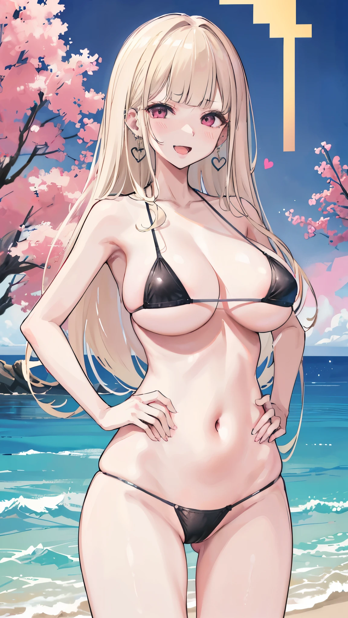 (8K、Highest image quality、highest quality、masterpiece)、detailed face、 1 girl、nakamura misaki (nanae), light blonde hair, blunt bangs, long hair, pink eyes, heart shaped earrings, mole under eye、evil smile、((open mouth))、big breasts、((black micro bikini))、put your hands on your hips、cowboy shot、seaside background
