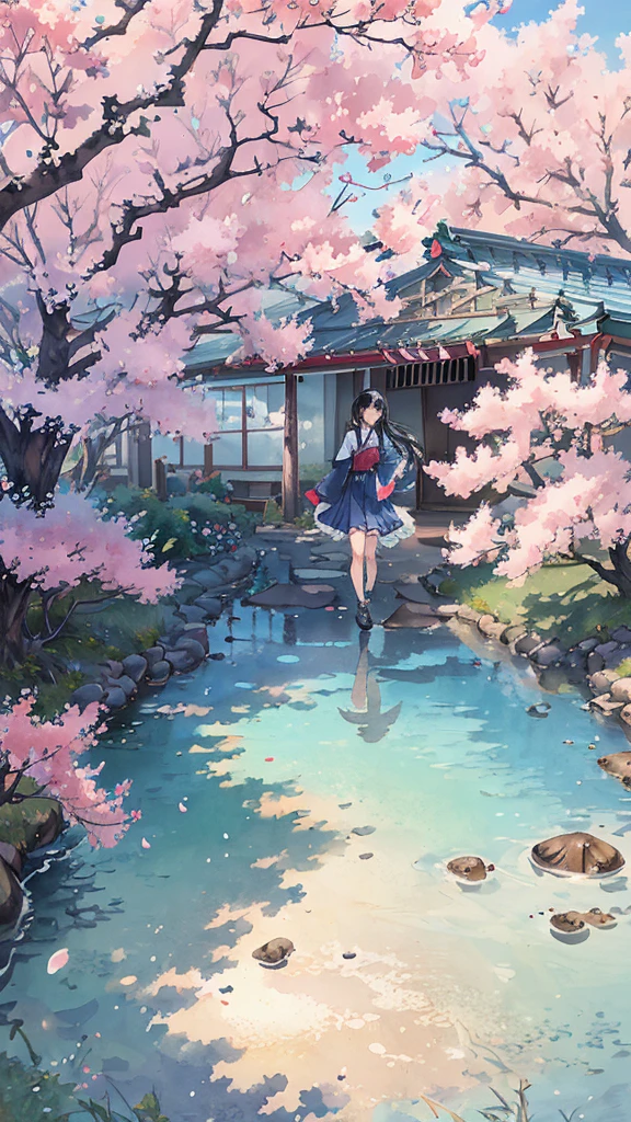 highest quality, masterpiece, very detailed, detailed background, anime, girl1名, 若いgirl, girl, SF, cherry blossoms, outdoor, morning, greenhouse, giant structure, Wind景, scenery, horizon, Walking down the street, Wind, avert your eyes, atmosphere lighting, focus only, close, From the side, written boundary depth,black hair,cute,beautiful