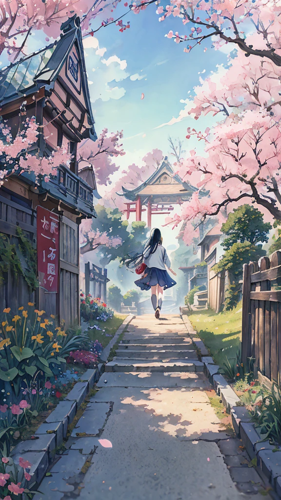 highest quality, masterpiece, very detailed, detailed background, anime, girl1名, 若いgirl, girl, SF, cherry blossoms, outdoor, morning, greenhouse, giant structure, Wind景, scenery, horizon, Walking down the street, Wind, avert your eyes, atmosphere lighting, focus only, close, From the side, written boundary depth,black hair,cute,beautiful