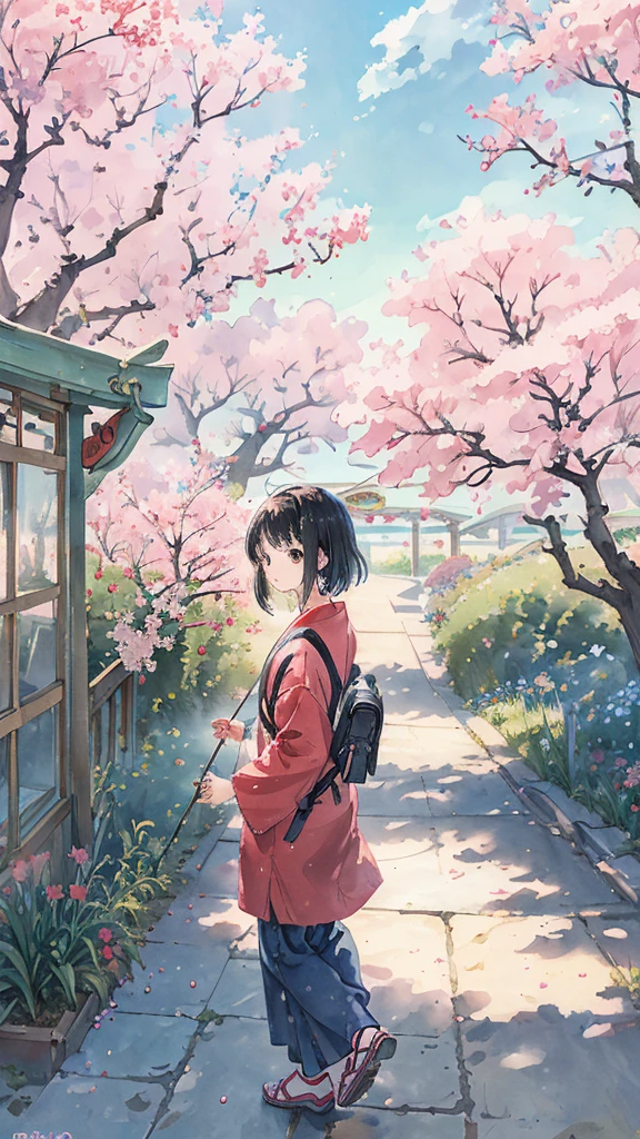 highest quality, masterpiece, very detailed, detailed background, anime, girl1名, 若いgirl, girl, SF, cherry blossoms, outdoor, morning, greenhouse, giant structure, Wind景, scenery, horizon, Walking down the street, Wind, avert your eyes, atmosphere lighting, focus only, close, From the side, written boundary depth,black hair,cute,beautiful