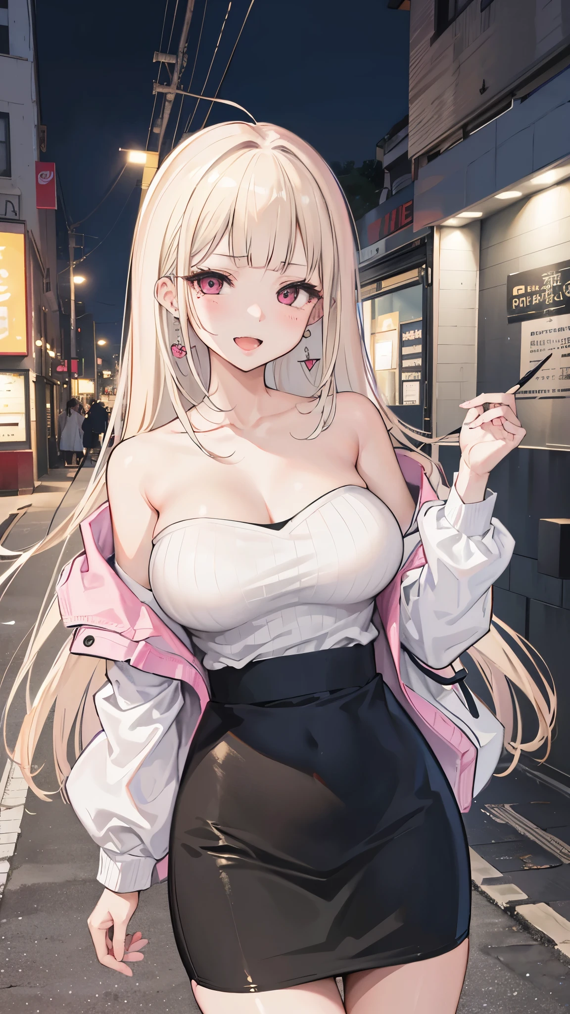 (8K、Highest image quality、highest quality、masterpiece)、detailed face、 1 girl、nakamura misaki (nanae), light blonde hair, blunt bangs, long hair, pink eyes, heart shaped earrings, mole under eye、evil smile、((open mouth))、big breasts、((white sweater))、((off shoulder))、((strapless))、cleavage、((black pencil skirt))、cowboy shot、((night))、lovehogai, scenery, japan, storefront