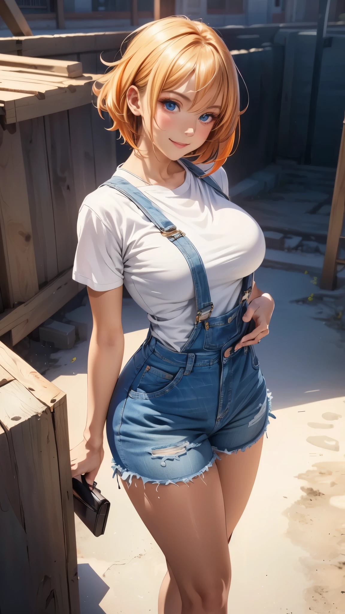 (3d anime woman with perfect anime eyes), (photo realistic:1.4), (Subsurface Scattering effect on skin:1.2), (bloom shader effect:1.2), (side shot), (long stylized thick legs:1), (natural breasts:1.1), (gorgeous thick hips:1.1), (tanned skin:1.3), (26 years old woman construction worker, seductive smile, seductive gaze), (orange straight short hair), ((wearing denim_overall)), (toolkit), accurate, UHD, retina, masterpiece, anatomically correct, textured skin, ultra high detail, ultra high quality, award winning piece of art, ultra high resolution, better_hands, better_legs, perfect_hands, perfect_hands, better_eyes, beautiful_anime_eyes.