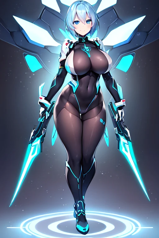 1girl, white skin, light skin, smile, light smile, blue hair, short hair, blue eyes, large breasts, breasts, wide hips, black bodysuit, bodysuit, sleeves, short sleeves, pantyhose, futuristic, science-fiction, neon trim, neon, full_body, ((full body)), standing