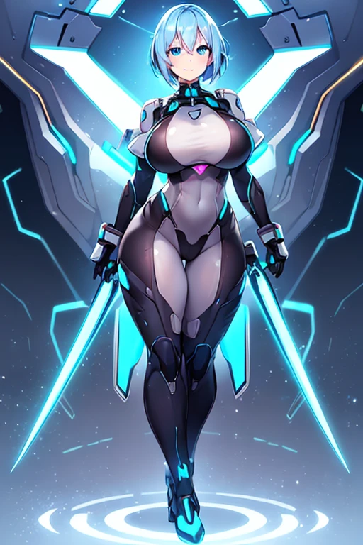 1girl, white skin, light skin, smile, light smile, blue hair, short hair, blue eyes, large breasts, breasts, wide hips, black bodysuit, bodysuit, sleeves, short sleeves, pantyhose, futuristic, science-fiction, neon trim, neon, full_body, ((full body)), standing