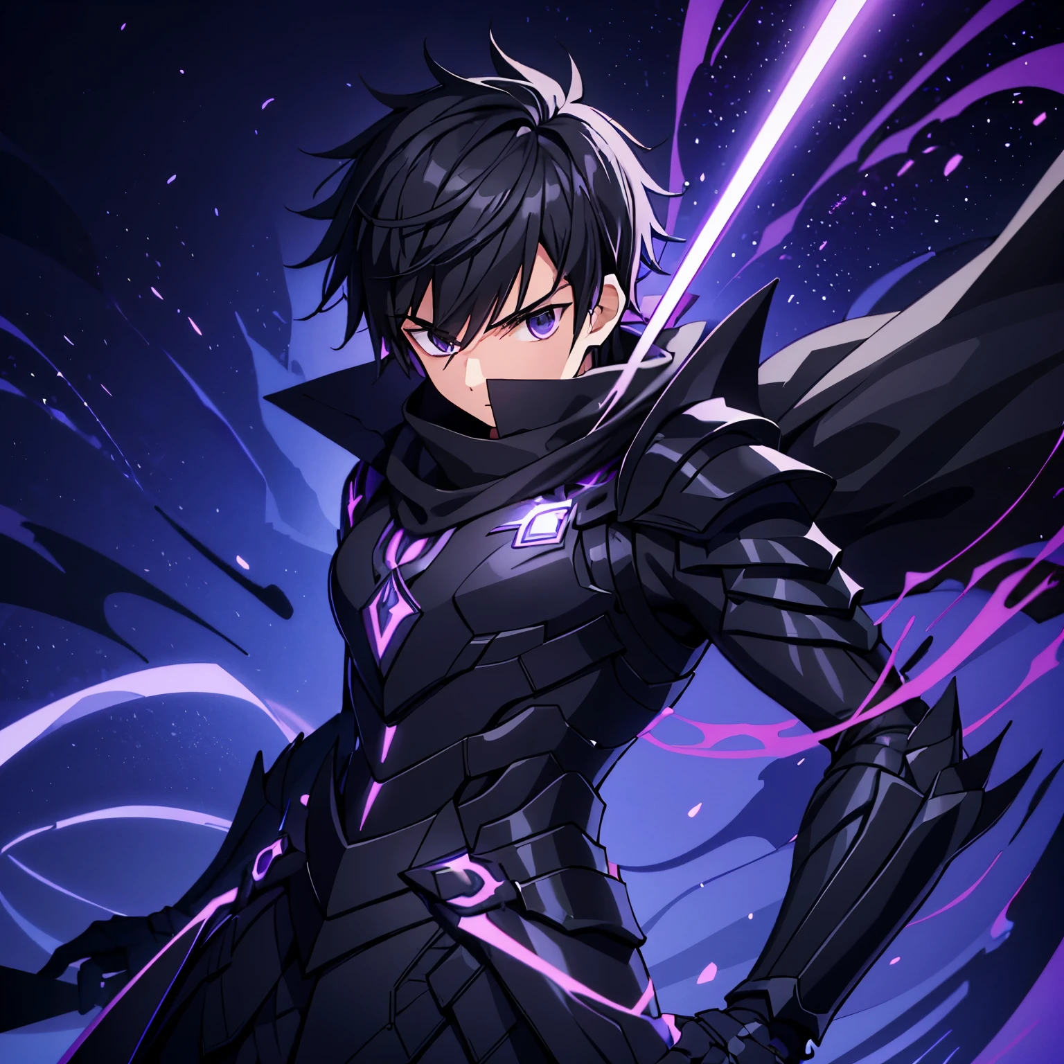 A young man with a black medium spiky hair and black eyes, wearing light armor with a black scarf that covers his mouth, he has a sword at his waist and his hand is extended and open, with a purple sphere of power levitating in his hand, power of darkness, Very detailed, Beautiful resolution, perfect hands, no errors, no imperfections