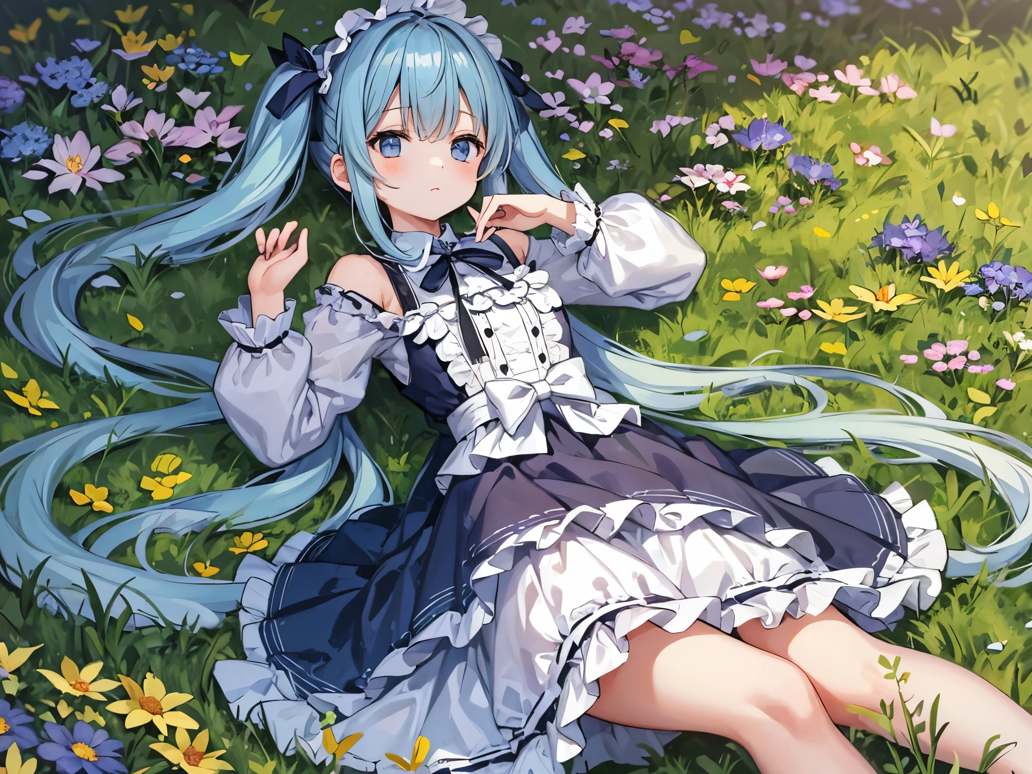 light blue long hair、Cute girl with twin tails、Lying in a flower-filled meadow with half-open eyes and a sleepy face、Cute Lolita Dress