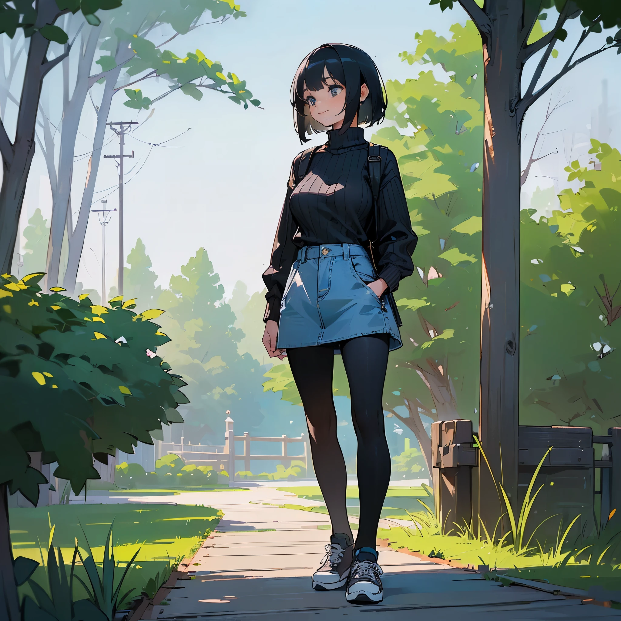 (high quality, High resolution, Super detailed, reality:1.37), peaceful atmosphere, (outdoor, garden), teenage girl standing alone, (my breasts are big.), Beautiful detail features, cute smile, (black bob hair), ribbed sweater, denim mini skirt, black tights, sneakers.