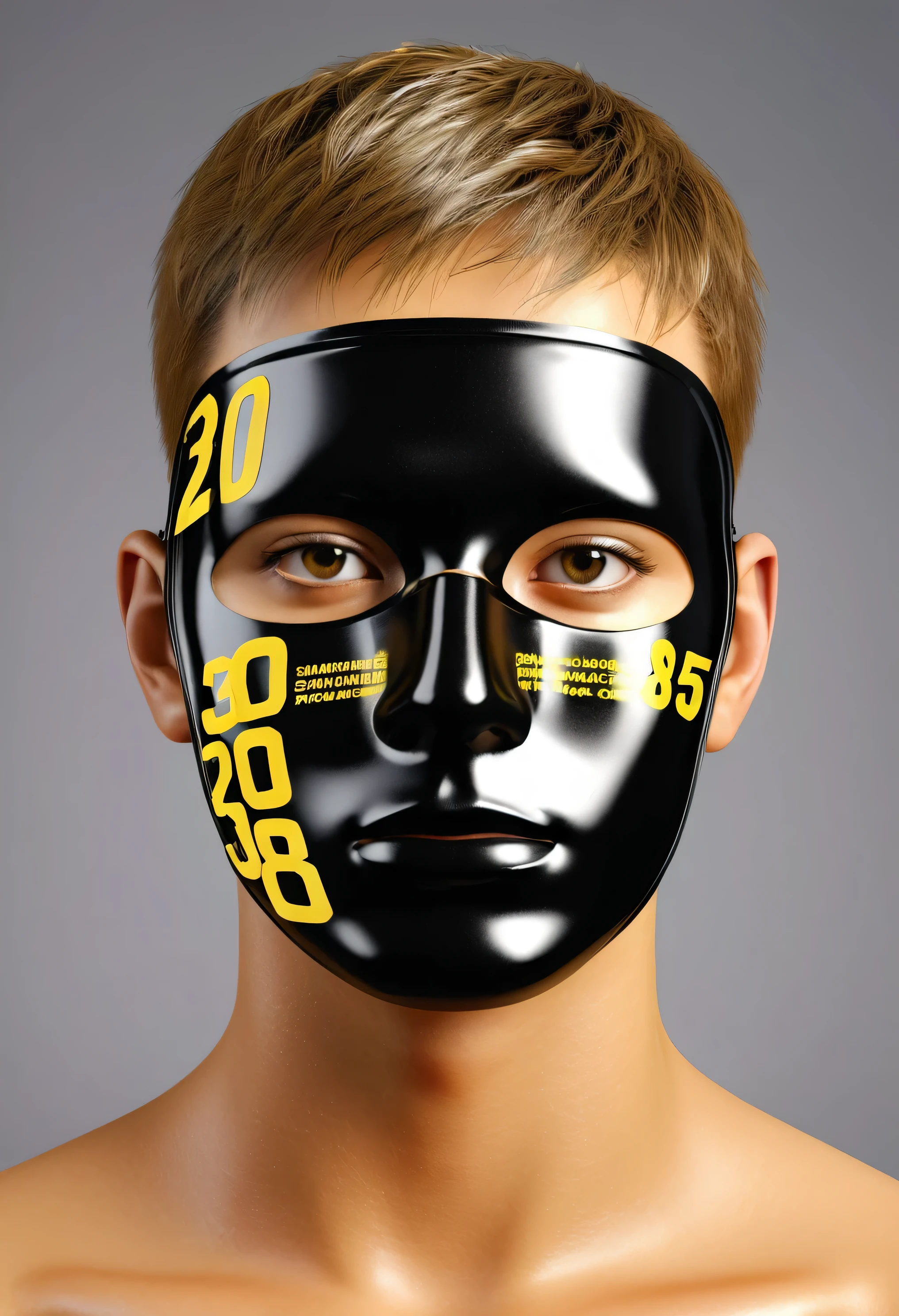 20yo man, attractive face, yellow and black shiny face mask, "3081" brand mask, neck and shoulders portrait, large and small numbers and letters over face, eyes same height, photorealistic best hdr quality
