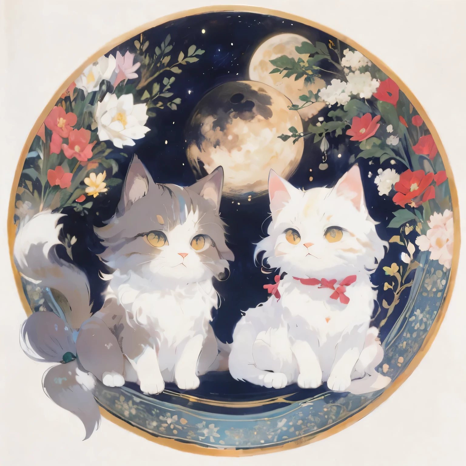 there are Dos gatos sitting on a plate with flowers and a moon in the background, gatitos en el espacio exterior, por Kusumi Morikage, Illustration of 2 cats, by Naoko Takeuchi, por Rumiko Takahashi, Dos gatos, visual anime de un lindo gato, by Eizan Kikukawa, gatos lindos, por Rei Kamoi