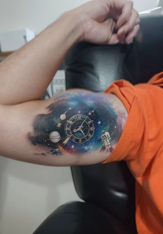 Tattoo galaxy bicep astronaut stars planets roman clock