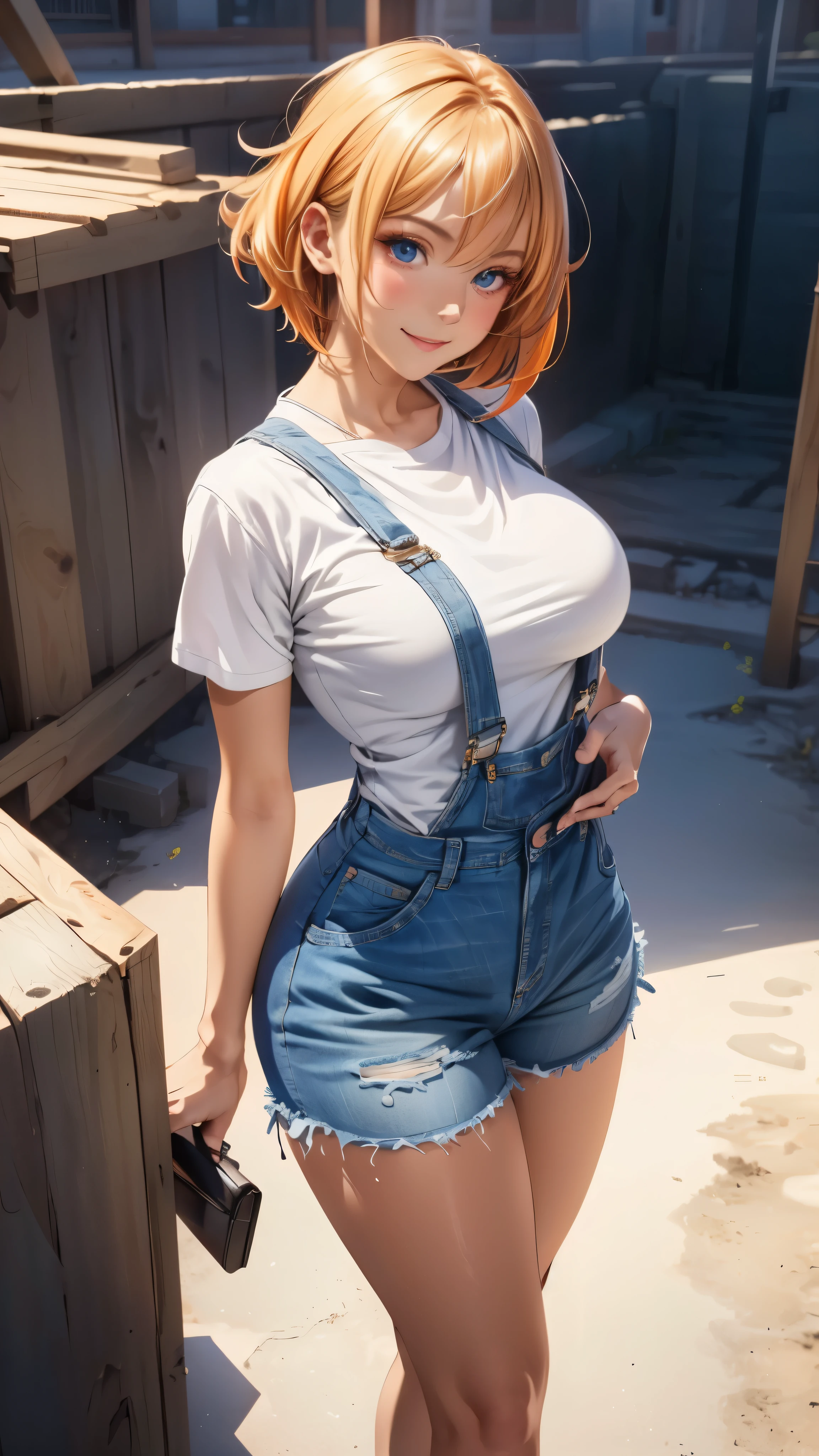 (3d anime woman with perfect anime eyes), (photo realistic:1.4), (Subsurface Scattering effect on skin:1.2), (bloom shader effect:1.2), (side shot), (long stylized thick legs:1), (natural breasts:1.1), (gorgeous thick hips:1.1), (tanned skin:1.3), (26 years old woman construction worker, seductive smile, seductive gaze), (orange straight short hair), ((wearing denim_overall)), (toolkit), accurate, UHD, retina, masterpiece, anatomically correct, textured skin, ultra high detail, ultra high quality, award winning piece of art, ultra high resolution, better_hands, better_legs, perfect_hands, perfect_hands, better_eyes, beautiful_anime_eyes.