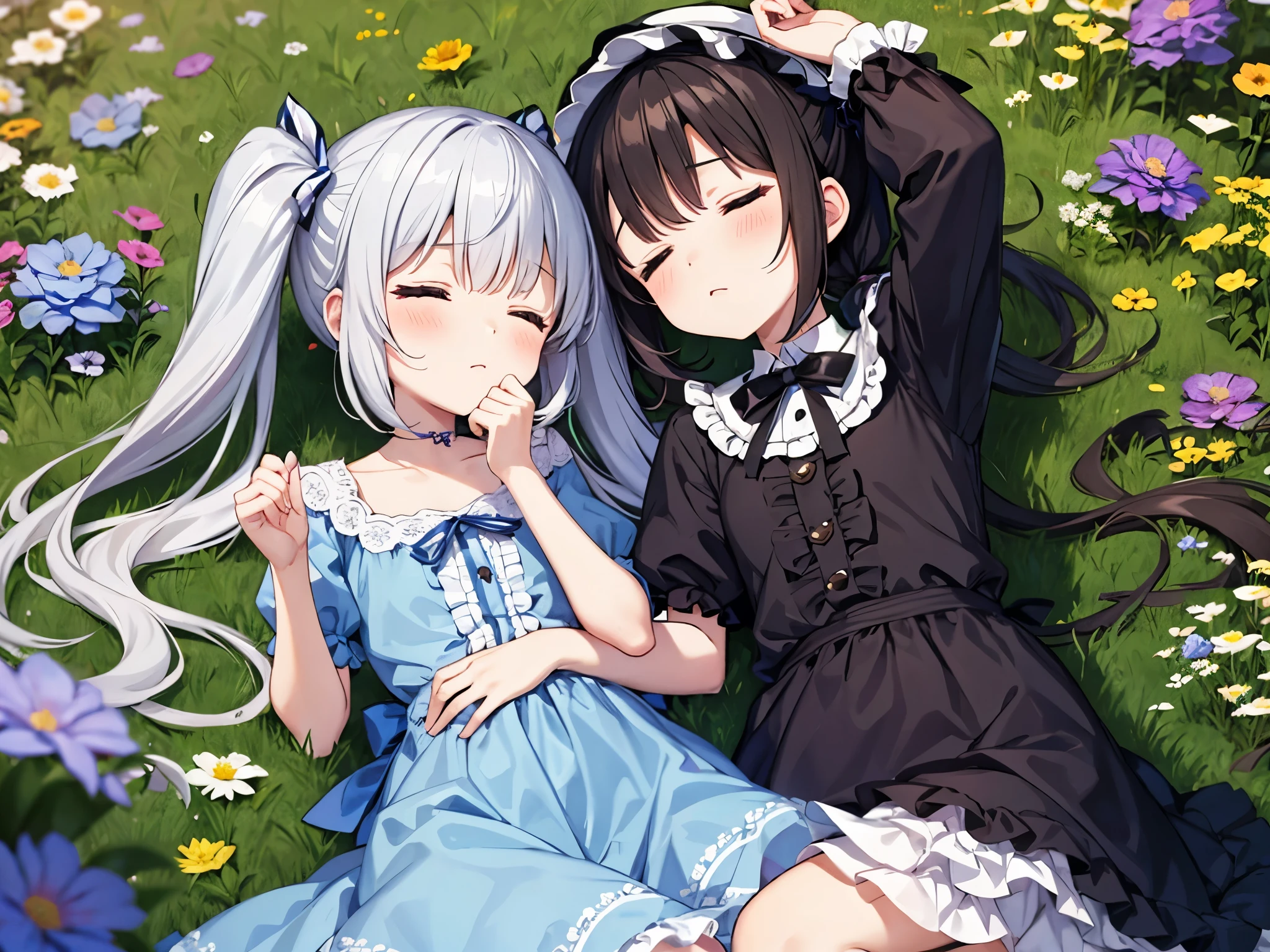 light blue long hair、Cute girl with twin tails、Lying in a flower-filled meadow with half-open eyes and a sleepy face、Cute Lolita Dress