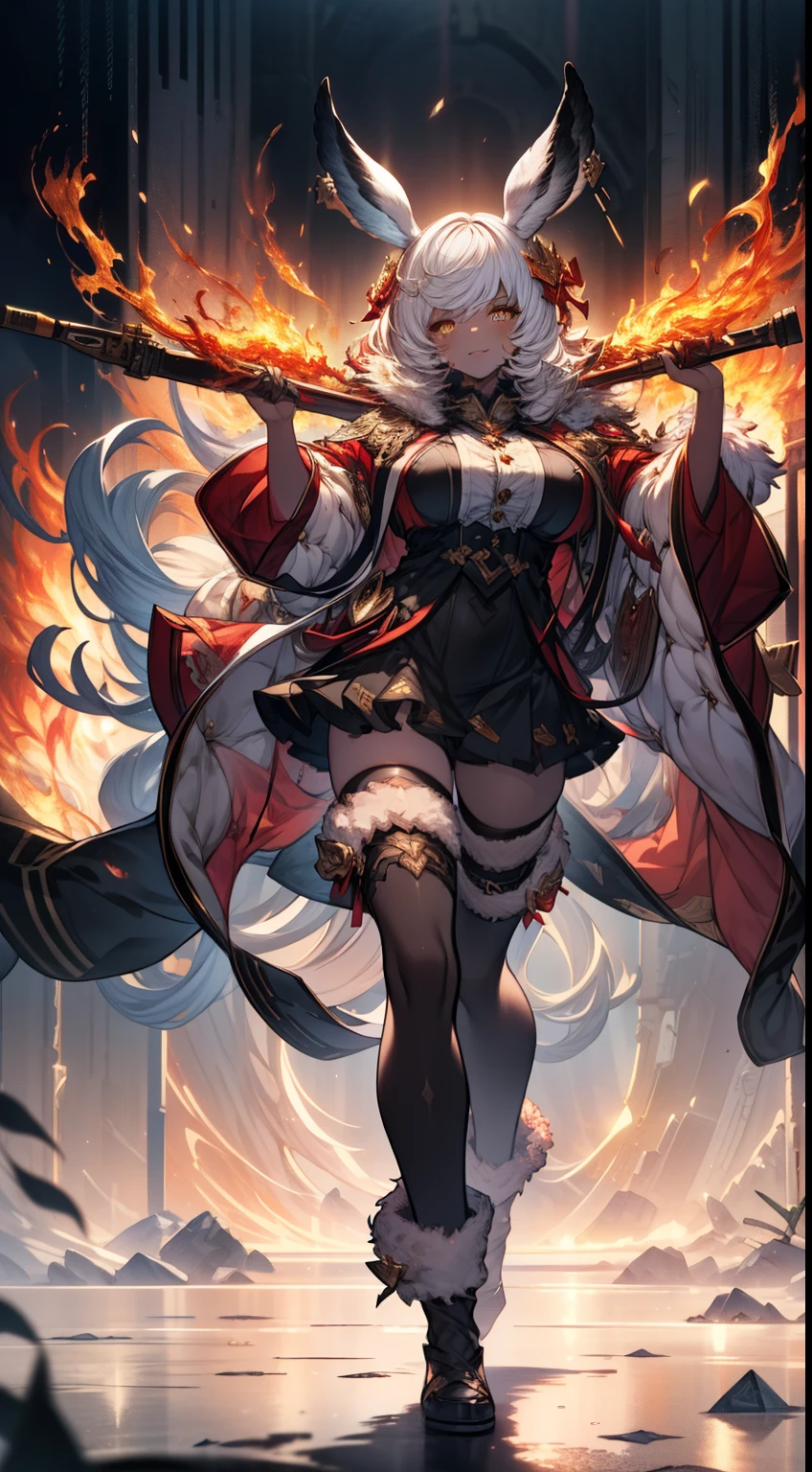 Fullbody, feet, standind, foot silver goddess in flame-red pleated skinny cloth with golden lines accents, long sleeves, fireball, satin, fur, (stockings), decollete, natural breasts, slim body, big weapons, ((rune lines on skin)), zettai ryouiki, medium length hair with golden red strands, beautiful detailed bright fire eyes, bunny ears, portrait, most realistic, highest quality, best quality, Detailed,Realistic, 4k highly detailed digital art, octane render, bioluminescent, (cool_color), best pixels, 8k ultra