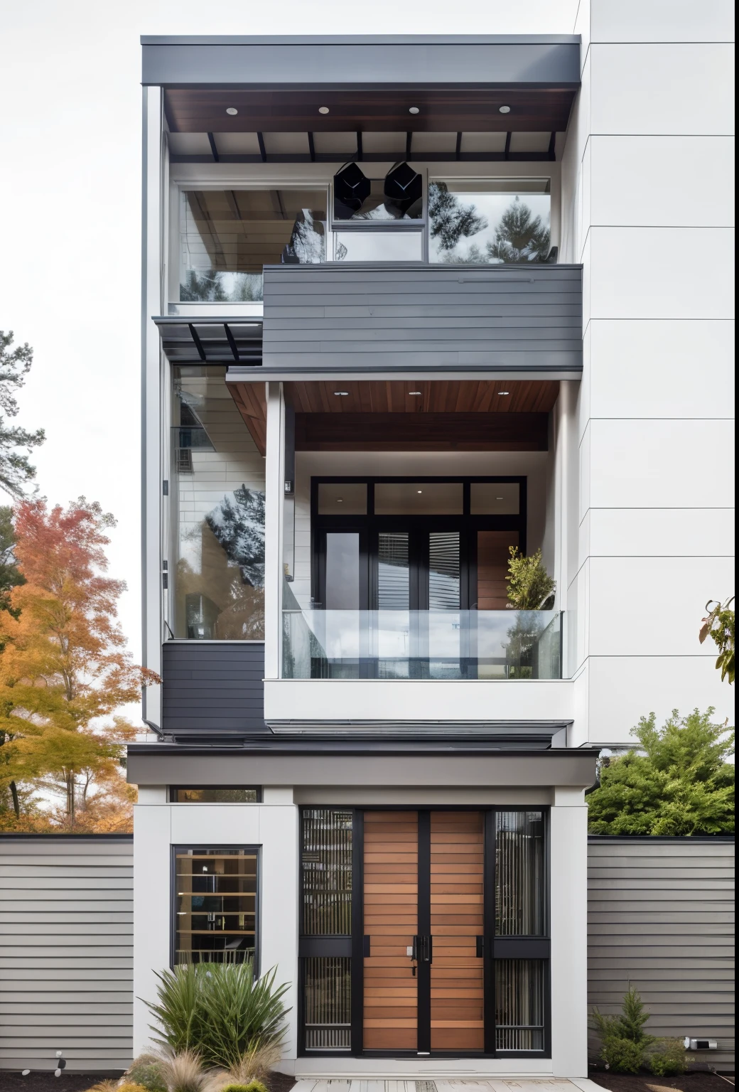 house exterior contemporary style, modernism, glass doors and windows,black metal rail, conwood ceilling, masterpiece, highquality, realistic photo, canon eos 5D mark, natural light, 