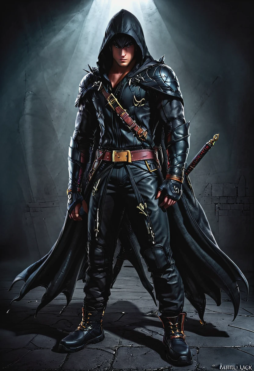 1 male, Adult, Handsome,High muscular face,Black cloak, darkness ,full body ,Wearing a hood, Leather Vest, Leather bag at waist,2 daggers on the belt,