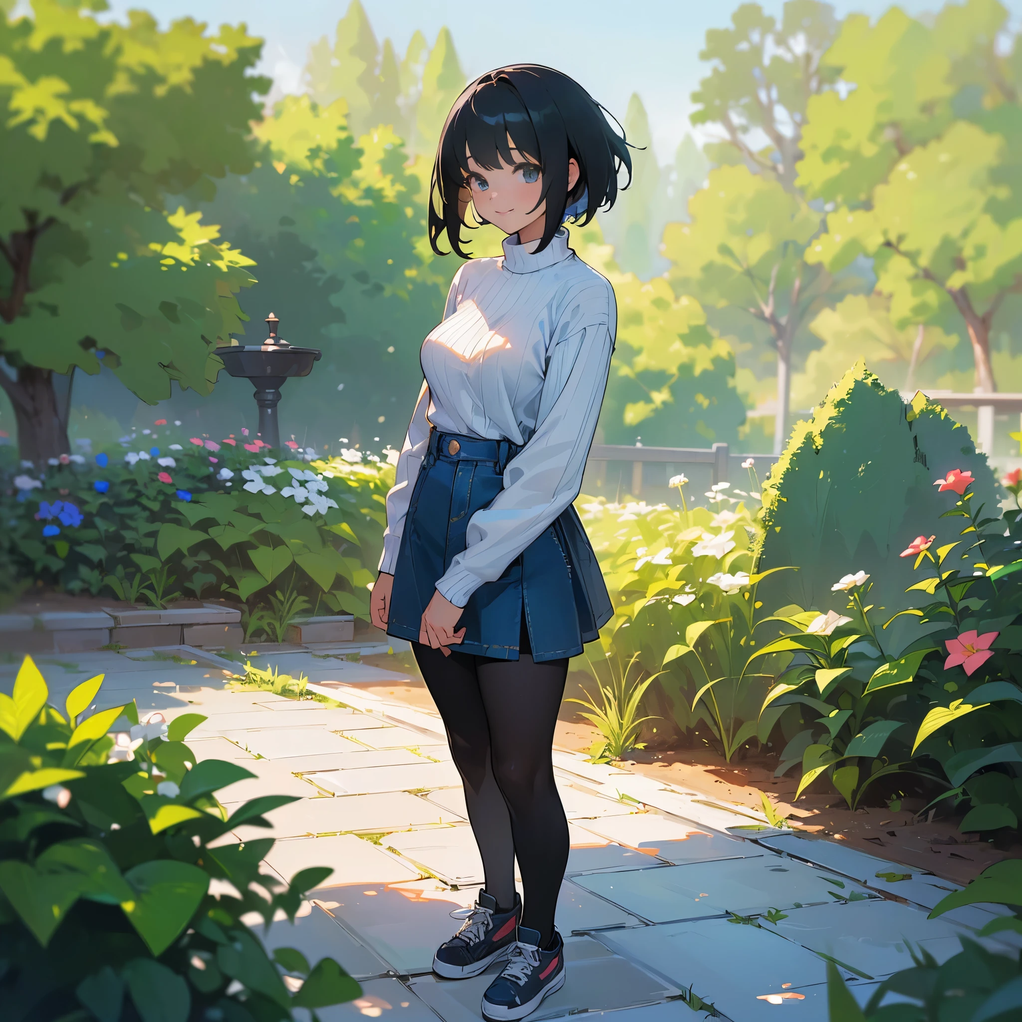 (high quality, High resolution, Super detailed, reality:1.37), peaceful atmosphere, (outdoor, garden), age girl standing alone, (my breasts are big.), Beautiful detail features, cute smile, (black bob hair), ribbed sweater, denim mini skirt, black tights, sneakers.