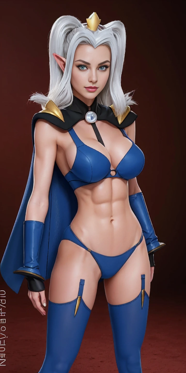 extremely long hair , ponytail, perfect anatomy 1 girl tall solo, slim thick, ((muscular)) high elf toned body, silver breast plate, blue cape, slendered abs, hourglass waist, detailed face, defined cheekbones, puffy lips, gauntlets, gold crown, shadow over eyes, looking at viewer, masterpiece, white thigh highs lingerie, high heels, clair pokemon