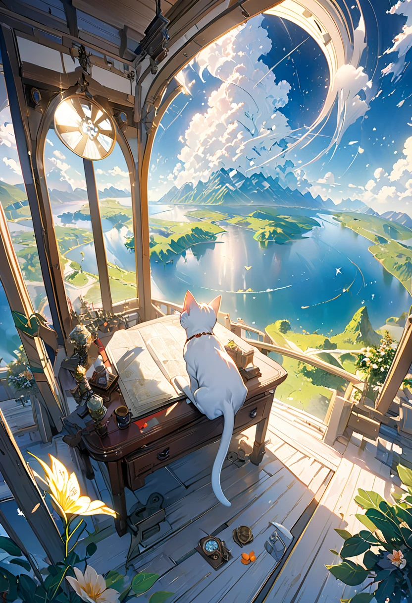 (8K、Raw photo、highest quality、look up:1.2、masterpiece:1.2、genuineistic、ultra high resolution、high contrast、photon mapping、genuine、Super detailed、official art, Raw photo、professional lighting、 light、Vivid atmosphere、twicelight) (1 girl),（One white kitten）,The morning sun comes in、On an antique desk in the airship&#39;s VIP room、The world map is unfolded。Using a compass、Checking the direction to the destination、A girl and a white kitten、I feel hope, joy, and anxiety.。The outside world seen from the VIP room、Stars in the sky々And the Milky Way shines、The ancient city appears in the air like a heat haze.、On the ground、Surrounded by greenery、A medieval Roman city-state on the shores of a lake、Shining in the morning sun。An atmosphere that exudes the excitement of adventure。High Fantasy Worldview,　Beautiful depiction of grand composition and proportions, Guardian nebula of rainbow light and silvery vapor, Corrosive Encirclement Ray Family Color, slimy air feeling,