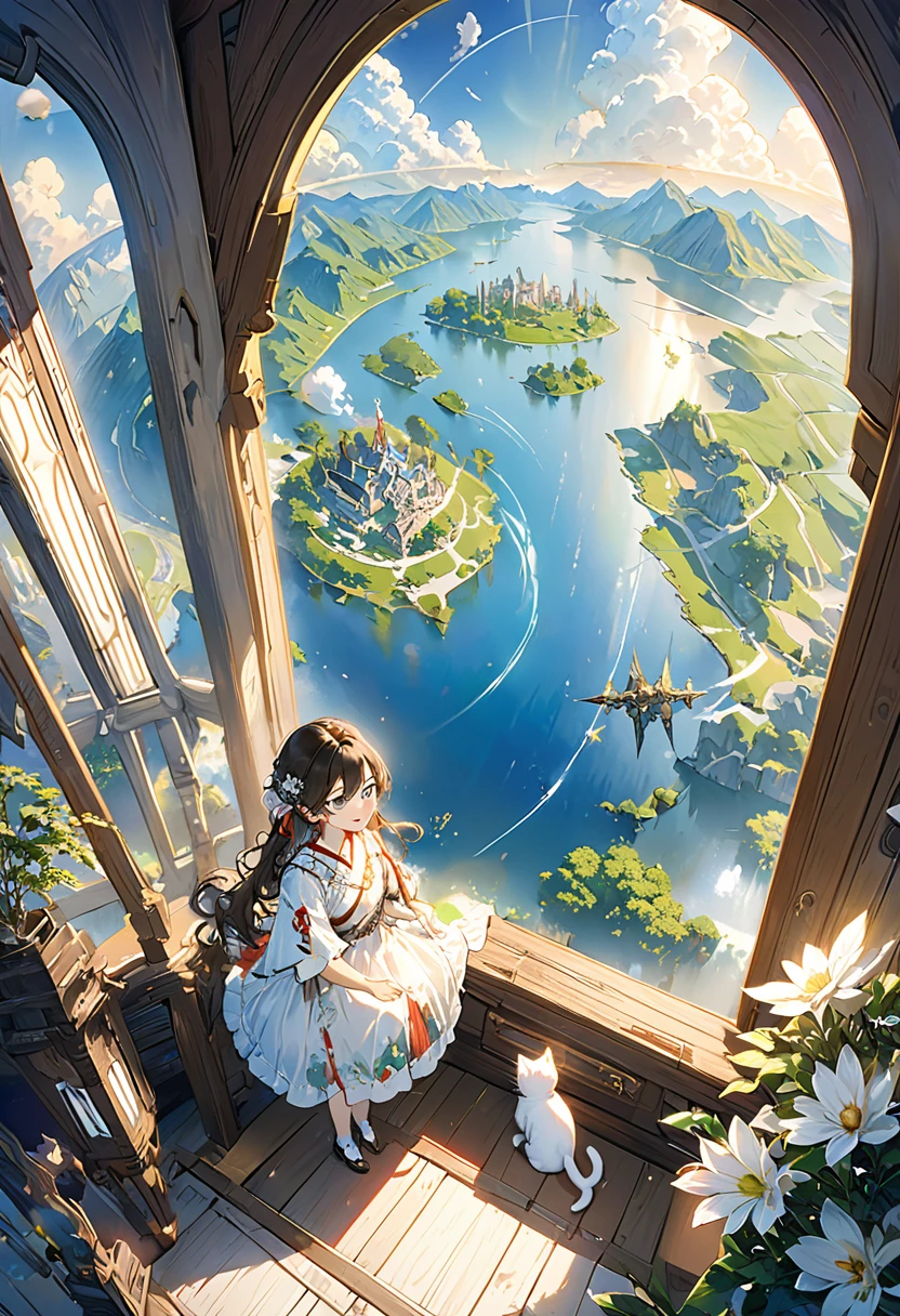 (8K、Raw photo、highest quality、look up:1.2、masterpiece:1.2、genuineistic、ultra high resolution、high contrast、photon mapping、genuine、Super detailed、official art, Raw photo、professional lighting、 light、Vivid atmosphere、twicelight) (1 girl),(One white kitten),The morning sun comes in、On an antique desk in the airship's VIP room、The world map is unfolded。Using a compass、Checking the direction to the destination、A girl and a white kitten、I feel hope, joy, and anxiety.。The outside world seen from the VIP room、Stars in the sky々And the Milky Way shines、The ancient city appears in the air like a heat haze.、On the ground、Surrounded by greenery、A medieval Roman city-state on the shores of a lake、Shining in the morning sun。An atmosphere that exudes the excitement of adventure。High Fantasy Worldview, Beautiful depiction of grand composition and proportions, Guardian nebula of rainbow light and silvery vapor, Corrosive Encirclement Ray Family Color, slimy air feeling,