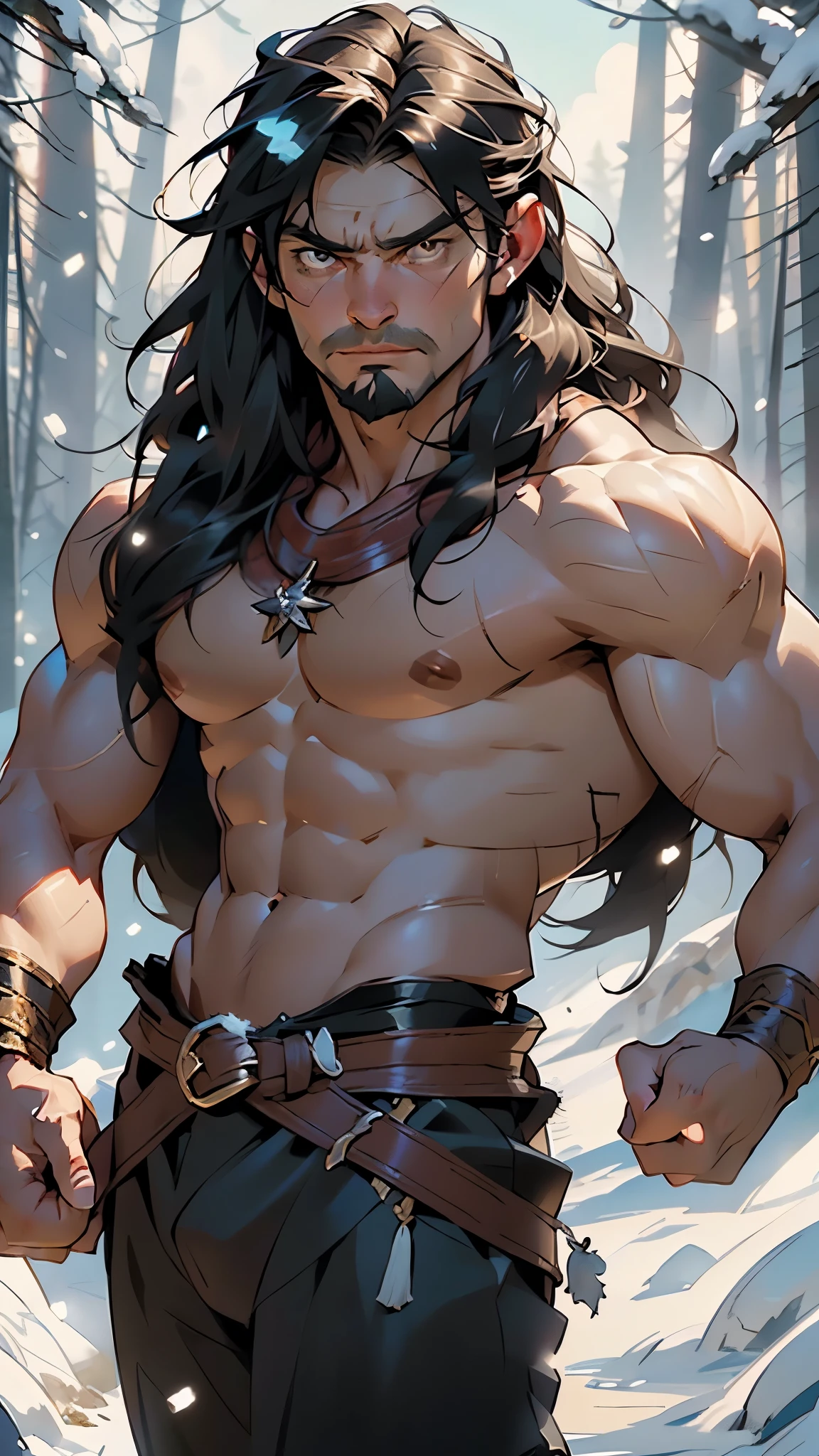Mighty warrior, shirtless upper body, legs exposed from thighs to feet, cascading long curls, detailed muscular physique, lifelike depiction, 4K resolution. Background: Snow-covered mountain peak,32k uhd, best quality, masterpiece, super detail, high details