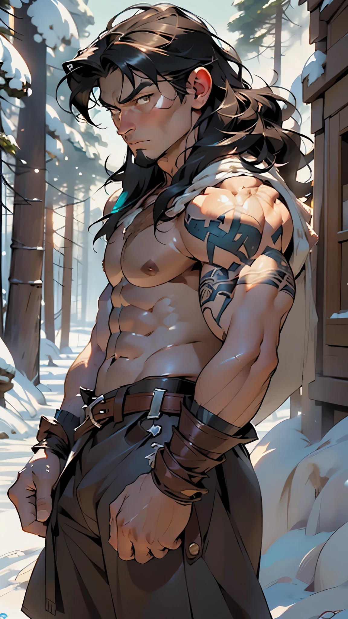 ((Conan the Barbarian)),(man:1.5),1 man,male, muscle, (1boy:1.3), muscle, pectoral, muscular,mature man,((epic warrior, ancient epic hero)),
(macho man:1.2),
(large pectoral:1.4,),(((long black hair, disheveled hair, hair that covers and falls over his ears))),(((brown_eyes:1.3))),intricate eyes,beautiful detailed eyes,symmetrical eyes,(((lustrous skin:1.5,tanned skin,bright skin: 1.5,skin tanned,shiny skin,very shiny skin,shiny body))),,man chest,handsome face,(((detailed face))),(ABS),muscular, strong body of flesh, skin, fist, intense look, medieval, faithfully inspired by the work of John Buscema, Conan is portrayed in all his splendor, imposing presence of Conan, with his powerful muscles and his confident posture, His determined and wild look conveys your inner strength and fearless nature.muscles and scars that bear witness to his past battles,legendary warrior,strong man,sinewy muscles, strong arm muscles,Muscular barbarian, naked upper body, naked legs from thighs to toes, long flowing curls, detailed muscular physique,
he wears a furry loincloth,brown leather belt with silver buckle,
dynamic pose,looking at viewer,angry,centered,scale to fit dimensions,Rule of thirds,
((snowy barbarian palace)),winter,scenery:1.25,((intricate scenery)),((snow forest background)),snow everywhere,(snowy barbarian palace background,snowy pyramids in the background),extremely scenery,(puddles everywhere),clouds,viking style(sunset, golden hour),
(Glossy viking ornaments),highres,sharp focus,(ultra detailed,extremely detailed),(photorealistic artwork:1.37),(extremely detailed CG unity 8k wallpaper),(((vibrant colors,vibrant theme))),(intricate),(masterpiece),(best quality),artistic photography,(photography taken by sldr),(intricate background),perfect rendered face,perfect face details,realistic face,photo realistic,((intricate detail)),(((realism))),