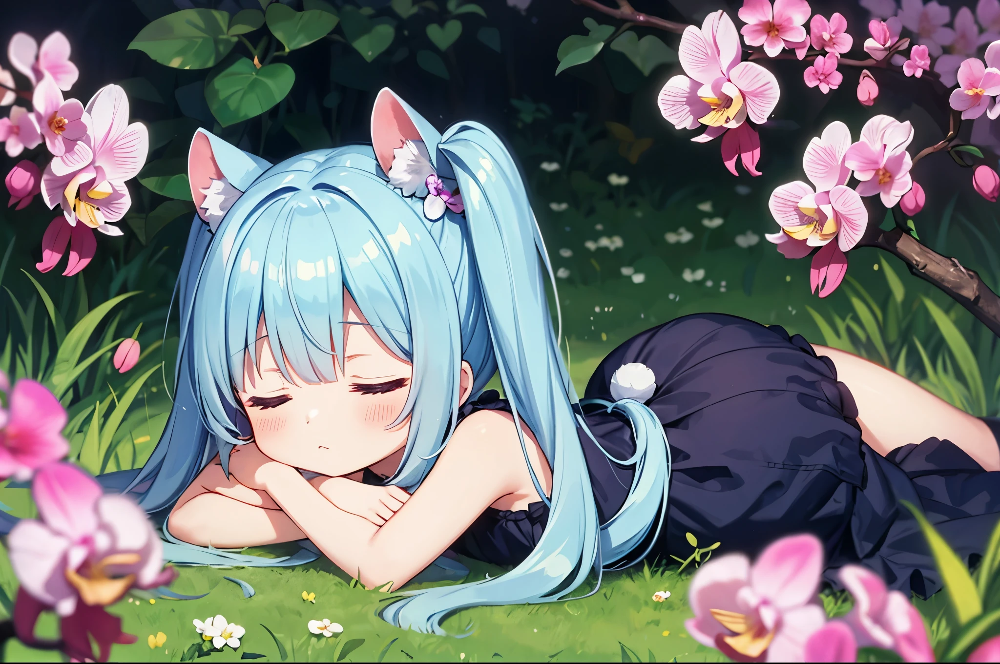 light blue long hair、Chibi character with twin tails、Lying with a sleepy face in a meadow full of orchid flowers、Cute squirrels and rabbits are also included