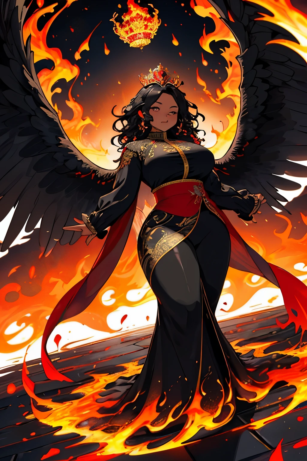 Black Phoenix , beautiful female, chubby, flames on body, huge wings, wavy hair, flames, fire, in gardens of roses, supreme royal attire, massive wings, black wings, crown, inside palace, wide hips