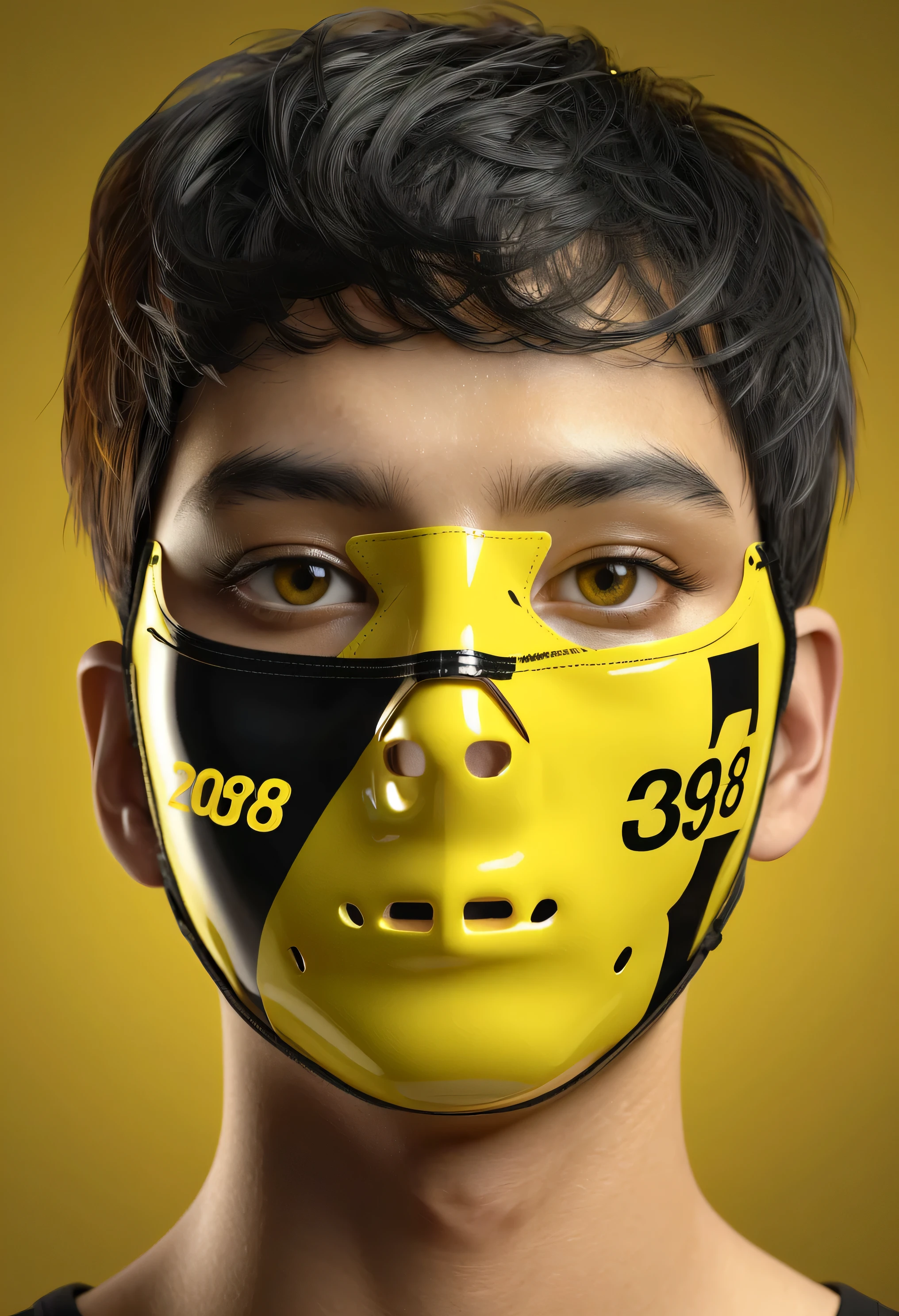 20yo man, beautiful face, face covered by yellow and black shiny mask, "3081" brand mask, complete head portrait, numbers and text over face, level eyes, photorealistic best hdr quality