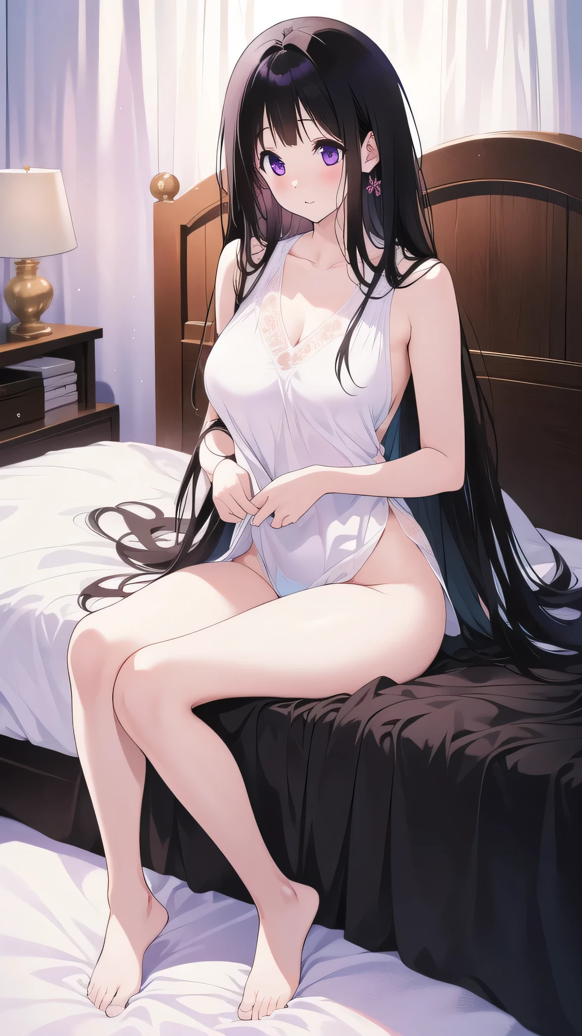 Stunning Chitanda, There is only one beautiful girl,purple eyes, black hair, Naturally straight hair, straight bangs,extremely refined,lips open,flowing long hair,Peerless beautiful girl, dreamlike,Slim,soft, (Sensual), (kawaii), Dream quality,White loose pajamas,No underwear,Soaked,on the bed,sitting,Hold the pillow,Big breasts,bare shoulders,Clavicle exposed,bare neck,Bare thighs,Exposing the groin,camel toe,bare legs,barefoot,extremely shy,ultra high resolution, (masterpiece:1.2, best quality), (Exquisite and beautiful eyes: 1.2), (Beautiful and delicate face)